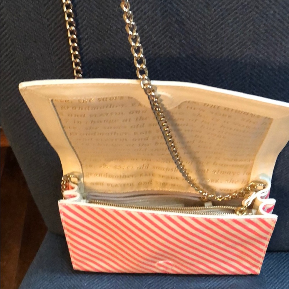 Pink striped patent bag with gold trimming. - Picture 2 of 2